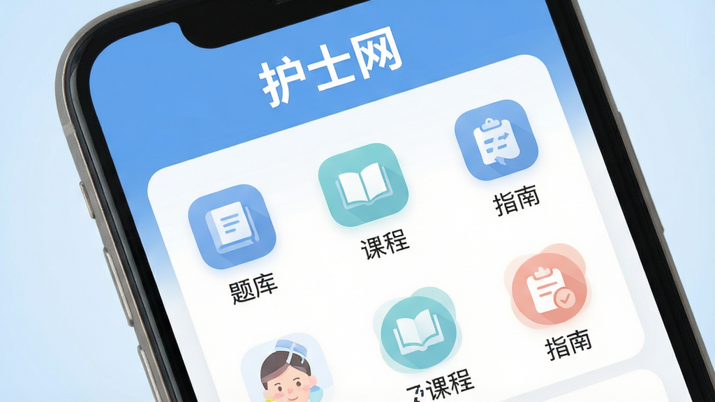 主体:手机屏幕展示“护士网”APP主界面,界面顶部有“护士网”字样,下方是清晰的功能图标排列;布局:居中构图,手机占画面主体,背景为淡蓝色渐变;排版:界面模拟真实APP,图标下方有中文标签如“题库”、“课程”、“指南”;风格:现代扁平化,色彩柔和,蓝白主色调;细节:屏幕内容清晰可读,无多余文字;画质:高清,干净,无多余元素。