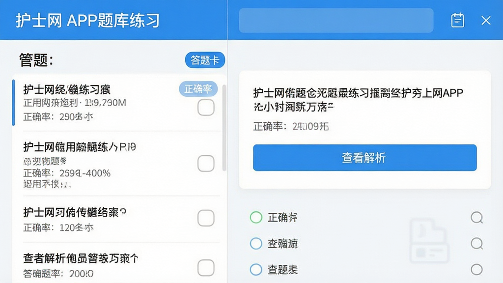 主体:护士网APP题库练习界面截图,左侧显示题目列表,右侧为答题区域;布局:左右分栏,清晰展示题目与选项;排版:界面文字为中文,题目下方有“查看解析”按钮;风格:干净清爽的扁平化设计,以白色和蓝色为主;细节:包含“正确率”、“答题卡”等小标签;画质:高清,干净,无多余元素。