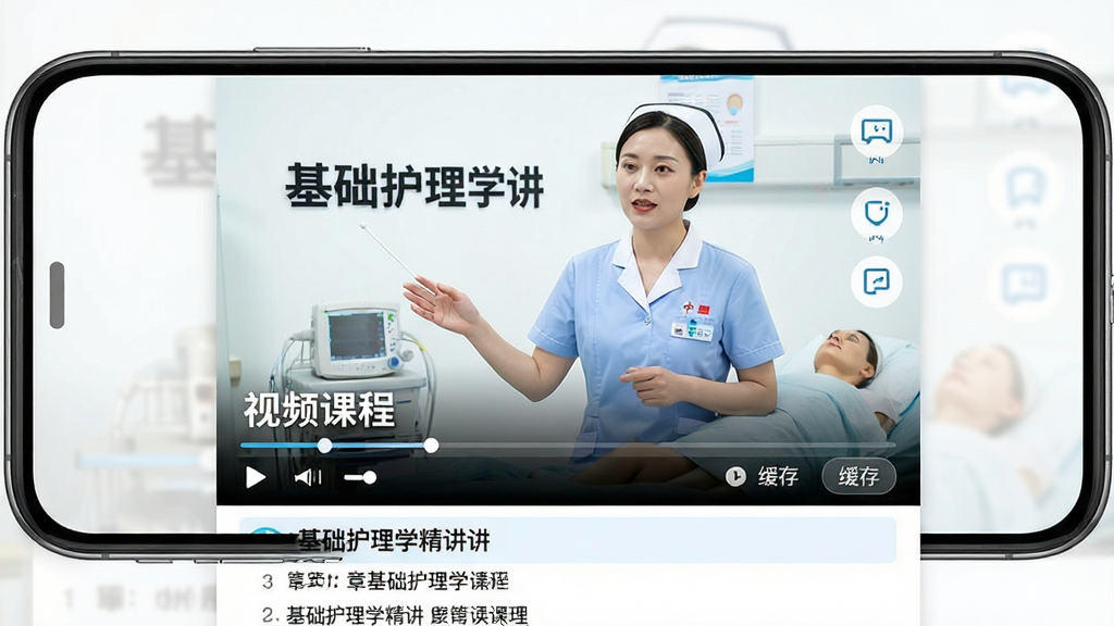 主体:护士网APP内的视频课程播放页面,屏幕中一位讲师正在讲解护理操作;布局:视频占据上方,下方是课程标题和章节列表;排版:视频画面清晰,标题为“基础护理学精讲”;风格:教育风格,画面明亮,讲师穿着护士服;细节:有播放进度条和“缓存”按钮;画质:高清,干净,无多余元素。