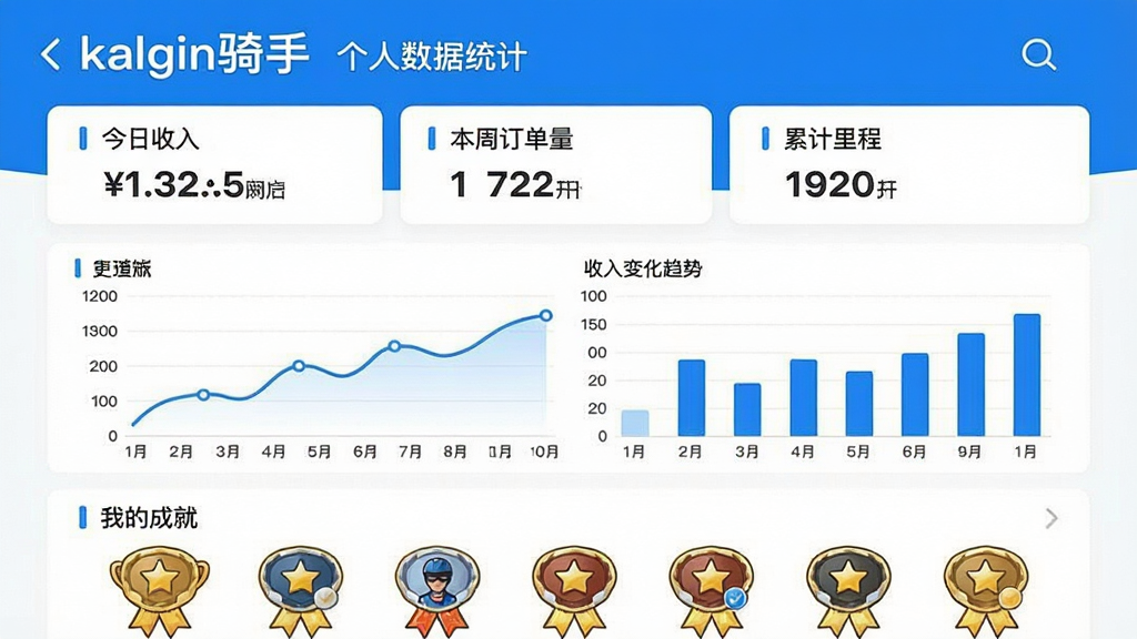 一张手机截图风格的图片,显示“kalgin骑手”的个人数据统计页面,包含“今日收入”、“本周订单量”、“累计里程”等关键数据卡片,下方是折线图和柱状图,展示收入变化趋势,底部有“我的成就”勋章墙。整体界面以白色和蓝色为主,图表清晰,风格现代,画质干净无多余元素。