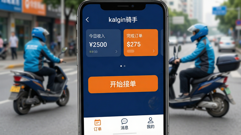 一张智能手机屏幕的特写,屏幕中清晰显示“kalgin骑手”APP的主界面,界面以深蓝色和橙色为主色调,顶部显示“今日收入”和“完成订单”数据卡片,中间是一个醒目的橙色“开始接单”大按钮,底部有三个选项卡“订单”、“消息”、“我的”。手机背景是虚化的城市街道,有骑手骑着电动车经过,画面风格写实,光线明亮,细节清晰,画质干净无多余元素。