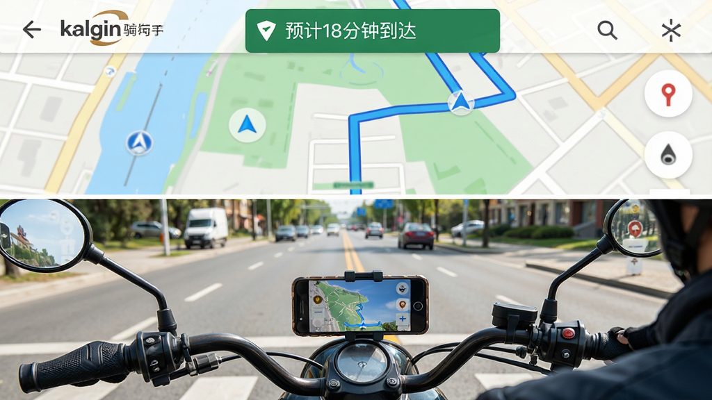 一张分屏图片,上半部分是“kalgin骑手”导航界面的截图,显示地图和蓝色推荐路线,顶部有“预计18分钟到达”的提示条;下半部分是骑手视角,车把上固定着手机,前方是城市道路。画面风格写实,光线明亮,细节清晰,画质干净无多余元素。