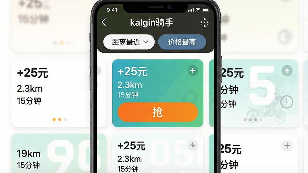 一张手机截图风格的图片,显示“kalgin骑手”抢单大厅界面,顶部有“距离最近”、“价格最高”等筛选标签,下方排列着多个订单卡片,每个卡片清晰标注了“+25元”、“2.3km”、“15分钟”等关键信息,其中一张卡片有醒目的橙色“抢”字按钮。整体界面简洁,信息层次分明,色彩鲜艳,画质干净。