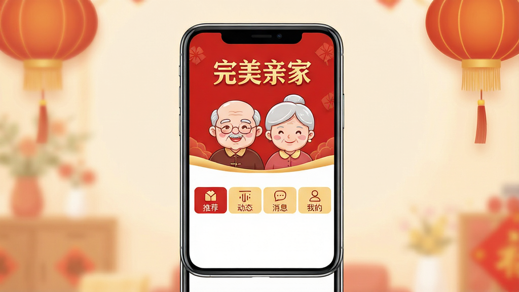 主视觉设计一张温暖的手机应用展示图,画面中央是一部大屏智能手机,屏幕内显示“完美亲家”APP主界面,界面以红色和金色为主色调,顶部有“完美亲家”字样和一对卡通老人头像,下方是清晰的“推荐”、“动态”、“消息”、“我的”四个标签栏,整体风格喜庆祥和,画质干净无多余元素。