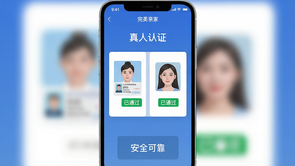设计一张手机截图风格的图片,展示“完美亲家”APP的实名认证页面,页面顶部有“真人认证”标题,中间是用户上传身份证和头像的示例框,并配有“已通过”绿色标签,底部有“安全可靠”字样,整体风格简洁清晰,画质干净无多余元素。