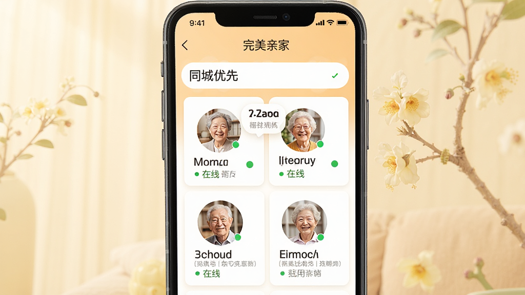设计一张手机界面展示图,屏幕显示“完美亲家”APP的推荐页面,上方有城市筛选栏“同城优先”,下方以卡片形式展示几位老人头像和简介,每个卡片上都有“在线”绿色小点,整体色调温馨明亮,画质干净无多余元素。