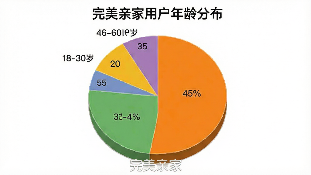 设计一张饼状图,标题为“完美亲家用户年龄分布”,用不同颜色区分18-30岁、31-45岁、46-60岁、60岁以上四个年龄段,其中46-60岁占45%,60岁以上占30%,31-45岁占20%,18-30岁占5%,图表下方有“完美亲家”水印,画质干净无多余元素。