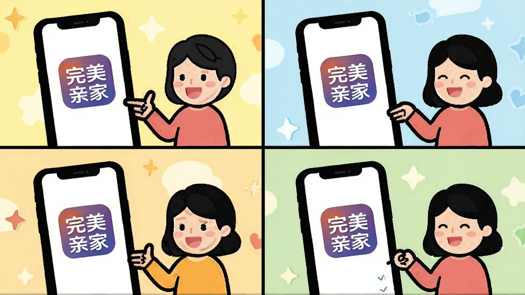 设计一张使用教程风格的四格漫画图,每格分别展示安装、注册、设置权限、开始聊天四个步骤,画面中有一部手机,屏幕上显示“完美亲家”图标,人物简笔画风格,颜色明亮,画质干净无多余元素。