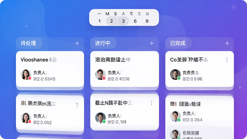 绛企云的任务看板界面,屏幕上有多个任务卡片按照待处理、进行中、已完成分列排布,卡片上显示任务标题、负责人头像和截止日期,顶部有日历视图切换按钮,整体UI为目前流行的瀑布流布局,蓝紫色渐变背景,风格现代简洁,画质干净无多余元素