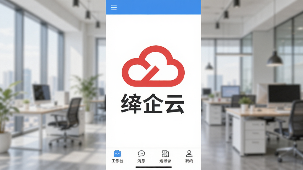 绛企云APP的主界面全貌展示,画面中央显示红色云朵logo与“绛企云”中文文字,界面采用蓝白配色,底部有工作台、消息、通讯录、我的四个选项卡,背景为模糊的现代办公室环境,扁平化设计风格,UI界面清晰规整,画质干净无多余元素