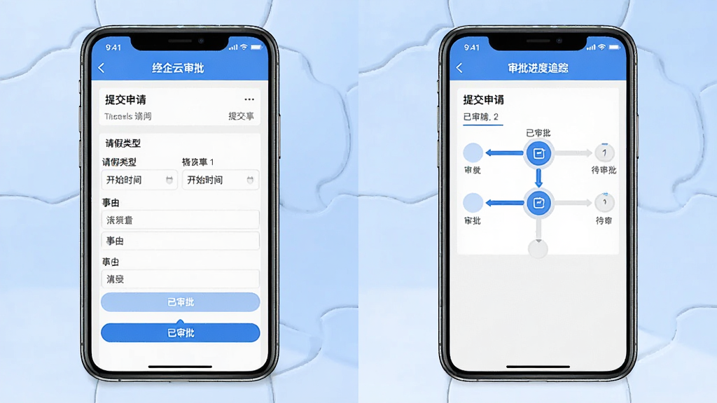 展示绛企云审批功能的手机截图拼图,左侧是提交申请表单界面,右侧是审批进度追踪界面,表单包含请假类型、开始时间、事由等字段,进度条清晰显示已审批和待审批节点,界面风格简洁现代,蓝白主色调,画质干净无多余元素