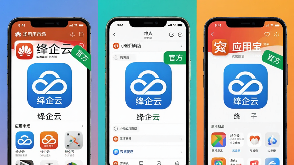 展示绛企云在各大应用商店上架的示意图,画面中出现华为应用市场、小米应用商店、应用宝三个手机应用商店界面截图,每个截图中央均显示绛企云logo和“绛企云”字样,并标有“官方”绿色角标,背景为纯色渐变,风格写实截图拼贴风,画质清晰干净无多余元素