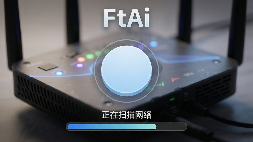 一张操作演示截图,画面上方有“FtAi”字样,中间是一个大大的圆形连接按钮,按钮下方有“正在扫描网络”的进度条动画,背景为微距拍摄的WiFi路由器光效,风格写实,光影柔和,画质高清晰度。