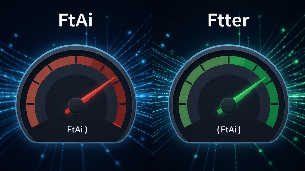 一张对比图,左边是未使用“FtAi”时的网络延迟仪表盘,指针指向红色区域,右边是使用后的仪表盘,指针指向绿色区域,背景为抽象的数据流线条,代表网络优化过程,风格简洁明快,具有科技感,画质干净。