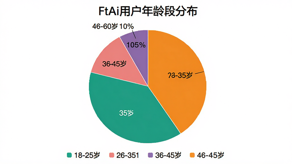 饼状图,标题为“FtAi用户年龄段分布”,分为四个扇区:18-25岁占35%,26-35岁占40%,36-45岁占15%,46-60岁占10%,每个扇区用不同颜色区分,图下方有图例,风格简洁商务,背景白色,画质清晰。