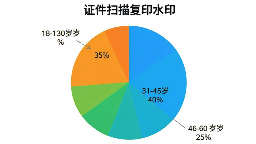 饼状图,展示“证件扫描复印水印”用户年龄分布,比例为18-30岁占35%,31-45岁占40%,46-60岁占25%,配色明亮,标注清晰,风格扁平化,画面干净无多余元素。