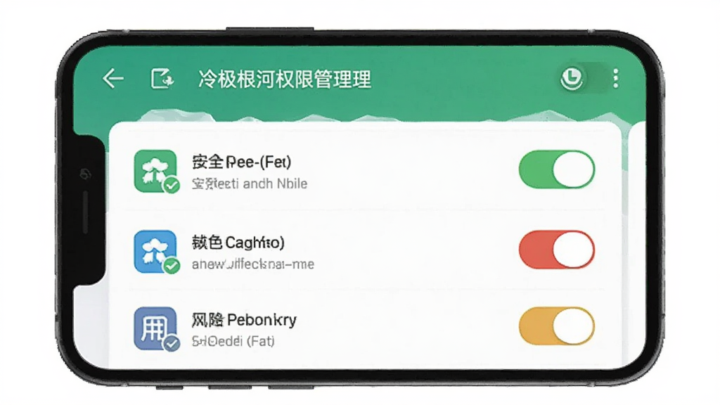 冷极根河权限管理功能,手机屏幕上列出应用列表以及它们被授予的权限,有开关按钮,界面设计清晰,绿色代表安全,红色代表风险,简洁直观,画质干净。
