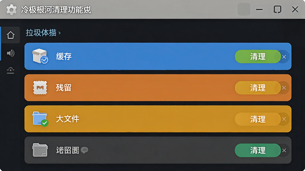 冷极根河清理功能界面,显示扫描出的垃圾文件类型列表,包括缓存、残留、大文件等,每个分类有清理按钮,界面清晰,颜色明亮,画质干净。