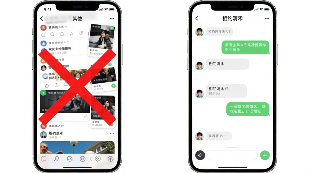 一个对比图,左侧是其他社交软件满屏广告的杂乱界面被打上红叉,右侧是“相约清禾”干净简洁的聊天对话界面,背景为纯白,对话气泡圆润,界面底部有语音和加号图标,风格现代清爽,画质干净无多余元素。