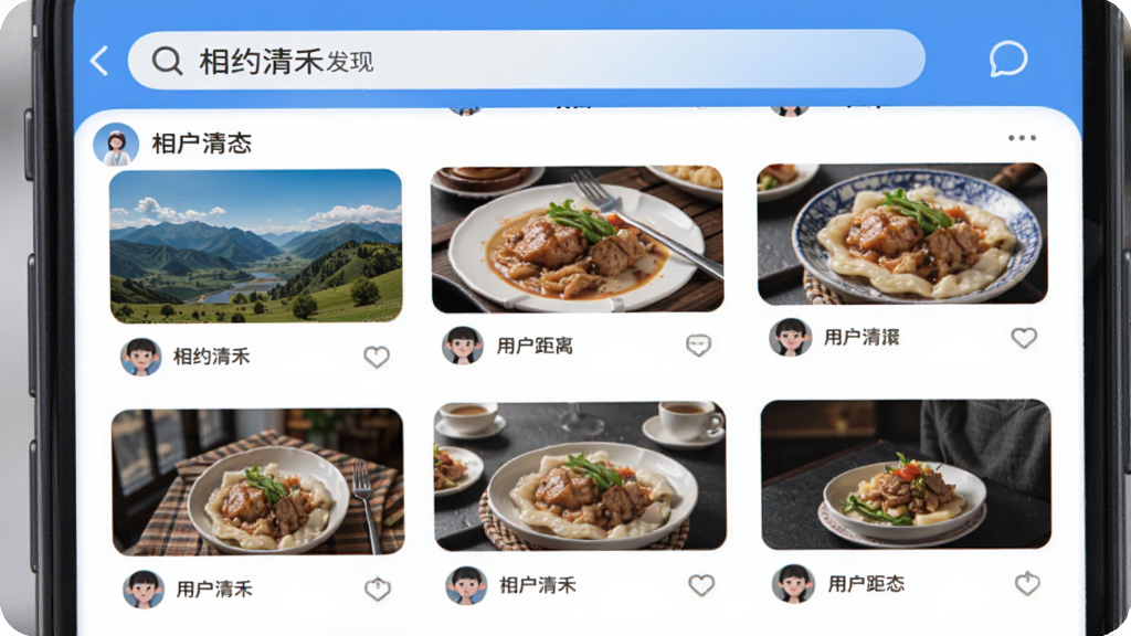 手机截图样式展示“相约清禾”的发现页面,页面顶部搜索栏写着“相约清禾”,下方是瀑布流形式的用户动态卡片,包含风景照、美食照等,卡片底部有头像和距离显示,整体布局类似小红书,但风格更蓝白清新,细节圆润,画质清晰。