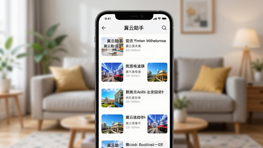 展示“冀云助手”资讯阅读界面的图片,手机屏幕占据主体,以列表形式呈现多条新闻标题和缩略图,界面风格干净清爽,配图色彩鲜明,背景是模糊的客厅环境,突出手机屏幕内容,画质高清,无多余元素。