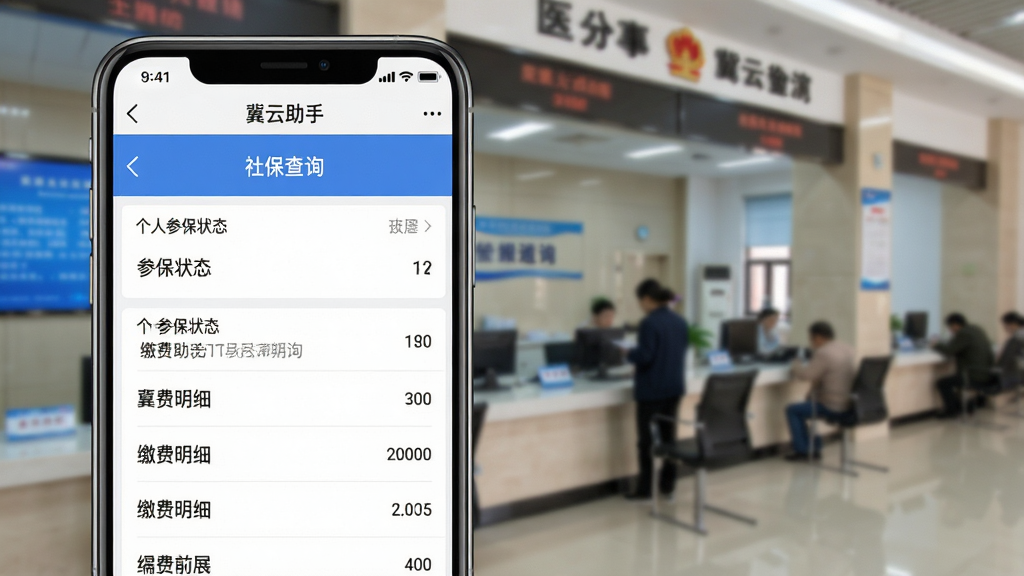 一张展示“冀云助手”办事功能流程的截图,手机屏幕内显示“社保查询”页面,包含个人参保状态、缴费明细等列表信息,背景虚化为办事大厅场景,整体界面信息层级分明,文字清晰,画质干净,风格写实。