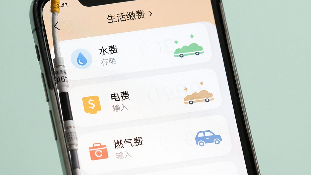 手机应用内“生活缴费”功能界面特写,屏幕显示水费、电费、燃气费等多个缴费选项,每个选项都有对应的小图标,点击“电费”后进入输入户号页面,界面简洁直观,色彩柔和,背景为纯色,画质干净,构图清晰。