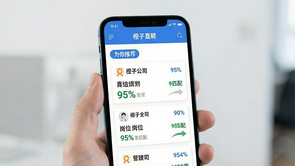 图片生成占位符:主体:手机屏幕展示“橙子直聘”的职位推荐页面,顶部显示“为你推荐”标签,下面有几张职位卡片,每张卡片都有公司名称、岗位名称和匹配度百分比(如95%匹配)。布局:卡片式布局,清晰可见。排版:图文结合,主次分明。风格:商务简约,蓝白配色。画质:干净,无多余元素。