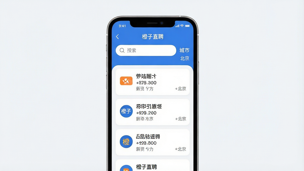 图片生成占位符:主体:智能手机屏幕展示“橙子直聘”APP主界面,上方显示搜索框和城市定位“北京”,下方列表展示多个职位卡片,每个卡片有公司logo、职位名称、薪资范围。布局:手机居中,界面清晰,卡片纵向排列。排版:干净简洁,蓝白配色。风格:现代扁平化,细节圆润。画质:高清,干净,无多余元素。