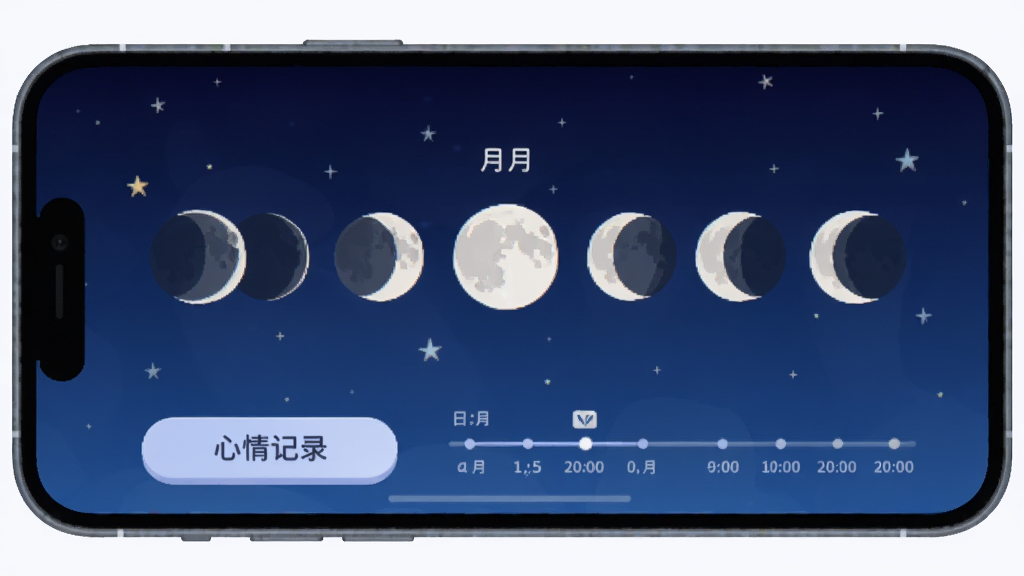 有月app主界面展示,手机屏幕内显示当月月相变化图,下方有心情记录按钮和日期时间轴,背景是深蓝色星空渐变,整体风格简约文艺,采用扁平化设计,图标圆润,画质干净无多余元素