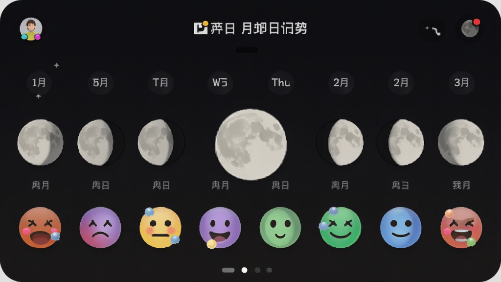 有月app月相日历页面,以一个月为周期展示每日月相图标,月相图标下方对应不同颜色的心情表情,整体界面采用深色模式,排版整齐,细节丰富,画质干净无多余元素
