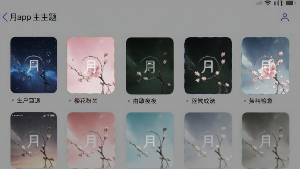 有月app主题选择页面,展示多种不同颜色的主题皮肤缩略图,包括星空蓝、樱花粉、暗夜绿等,背景是手机设置界面,排版整齐,风格现代,画质干净无多余元素