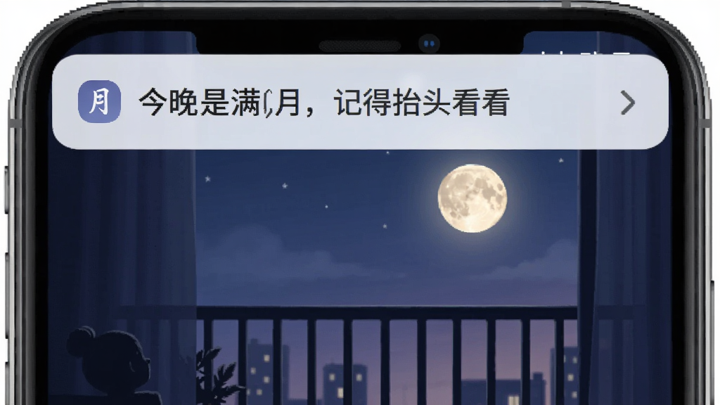 有月app通知栏效果图,手机顶部下拉菜单显示一条“今晚是满月,记得抬头看看”的通知,背景是夜晚阳台看月亮的剪影,界面简洁,色彩柔和,画质干净无多余元素