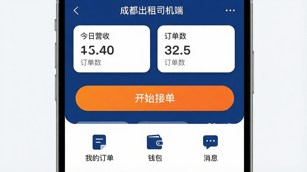 一张高清手机截图,展示“成都出租司机端”的主界面,整体以深蓝色和白色为主色调,顶部显示“今日营收”和“订单数”卡片,中间为醒目的“开始接单”橙色大按钮,下方清晰排列“我的订单”、“钱包”、“消息”等图标,背景简洁干净,界面布局扁平化,细节圆润,画质清晰,无多余元素。