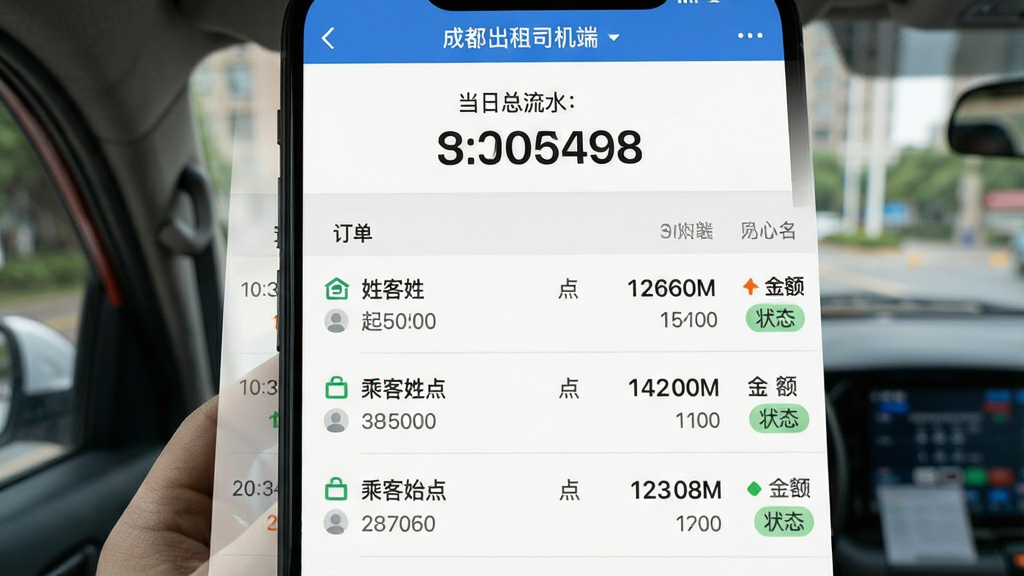 一张展示“成都出租司机端”钱包流水页面的截图,页面顶部显示当日总流水数字,下方按时间顺序排列每笔订单记录,每条记录包含乘客姓氏、起终点、金额和状态标签,背景干净,数据清晰,表格样式简洁,画质高。