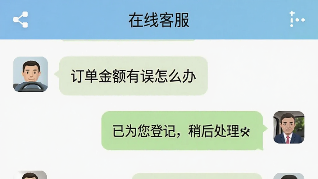 一张“成都出租司机端”在线客服聊天界面的截图,页面顶部显示“在线客服”字样,下方是司机与客服的对话气泡,内容为司机询问“订单金额有误怎么办”,客服回复“已为您登记,稍后处理”,整体界面简洁友好,色彩柔和,画质清晰。