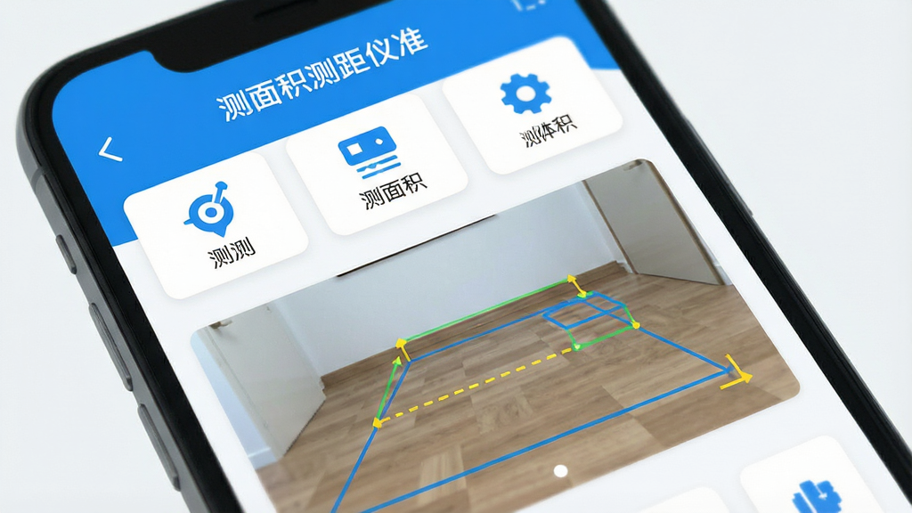 一张智能手机屏幕特写,屏幕上显示“测面积测距仪准”APP的主界面,界面风格简洁现代,以蓝白为主色调,上方有测距、测面积、测体积等图标按钮,中间是模拟的AR测量场景,地面有虚拟的线段和方框,画面清晰明亮,整体风格扁平化,UI设计清爽干净,无多余文字,画质高清,无多余元素。