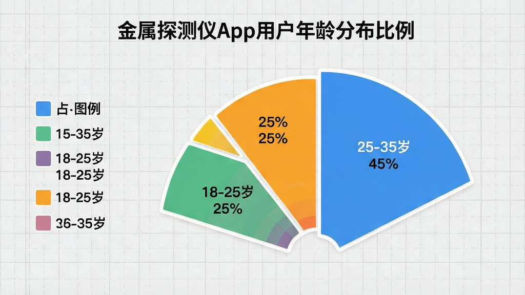 主体,一个扇形统计图,展示“金属探测仪”app用户年龄分布比例;布局,图表占据画面中央,左侧有图例列表;排版,数据标签清晰显示百分比数字,最大扇区为“25-35岁”占45%,其次为“18-25岁”占25%;风格,信息图表风格,配色清新,背景为浅灰色网格纸;细节,每个扇区边缘有白色描边,图例颜色与扇区一一对应;画质,高清晰度,干净无多余元素。