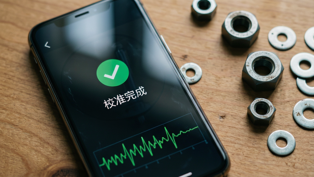 主体,手机横屏放置在木质桌面上,屏幕显示金属探测仪app的校准完成界面;布局,手机占据画面中央偏左,右侧散落着几颗不同大小的金属螺母和垫片;排版,屏幕中央显示一个绿色对勾和“校准完成”字样,底部有波形直线;风格,俯拍视角,自然光摄影,浅景深;细节,木纹清晰,金属零件表面有轻微磨损痕迹,屏幕玻璃有细微反光;画质,干净锐利,无多余元素。
