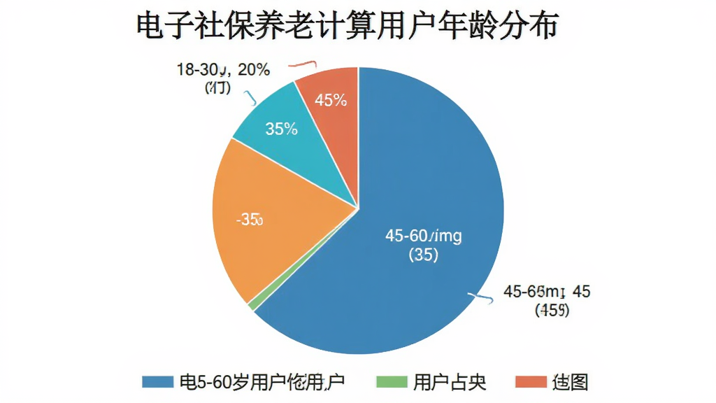 一张饼状图,展示电子社保养老计算用户年龄分布,其中45-60岁用户占比最大,约45%,30-45岁用户占35%,18-30岁用户占20%,图表下方有图例,风格清晰直观。