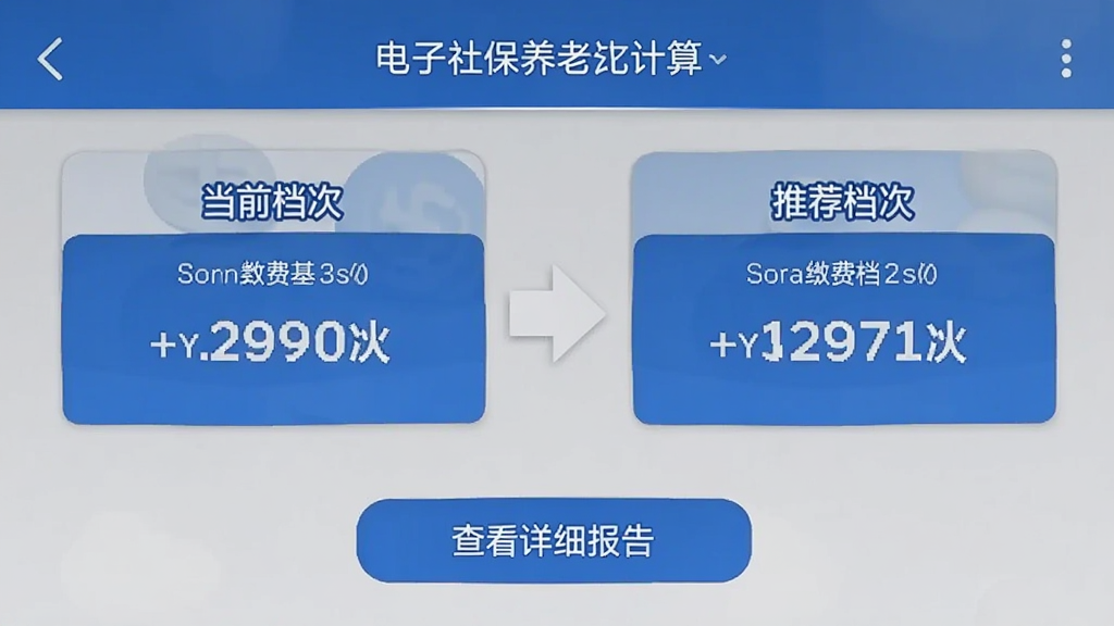 电子社保养老计算的应用内截图,显示一个对比界面,左侧是“当前档次”和“推荐档次”两个卡片,分别显示不同缴费基数下的月养老金金额,中间用箭头连接,底部是“查看详细报告”按钮,整体色调为蓝色和白色,布局清晰。
