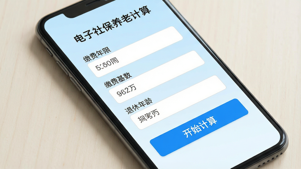 一张手机屏幕展示着电子社保养老计算的主界面,界面简洁干净,顶部显示“电子社保养老计算”标题,中间是几个输入框,分别标注“缴费年限”、“缴费基数”、“退休年龄”,下方有一个醒目的蓝色“开始计算”按钮,背景是柔和的淡蓝色渐变,整体风格现代扁平,画质干净无多余元素。