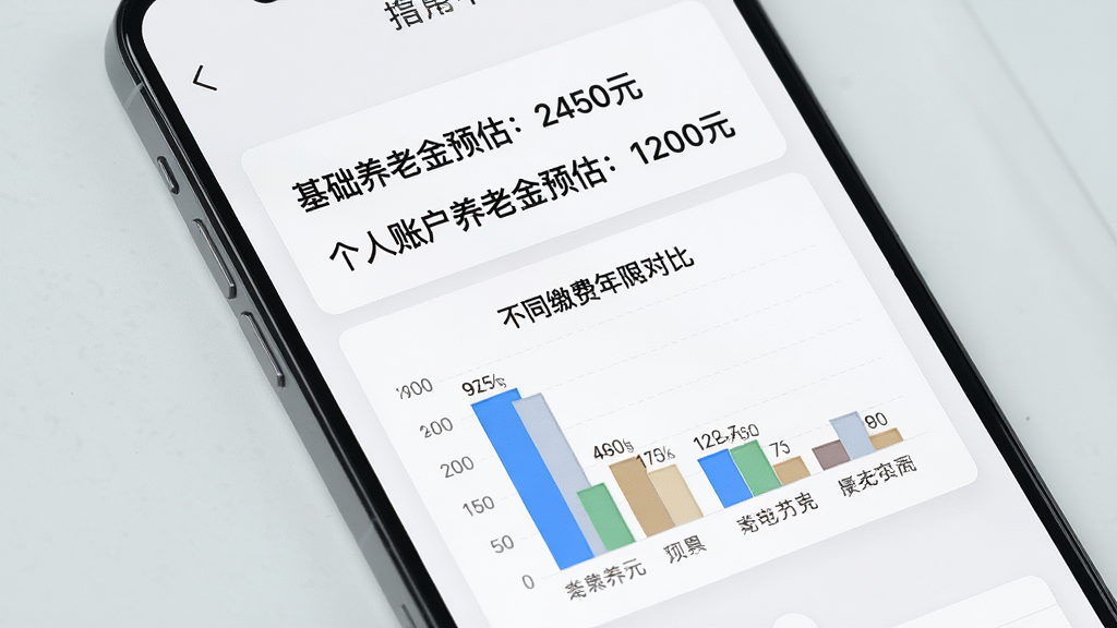 一张手机屏幕特写,显示电子社保养老计算的结果页面,上面清晰列出“基础养老金预估:2450元”、“个人账户养老金预估:1200元”,下方有个柱状图对比不同缴费年限的养老金差异,背景是白色卡片和淡灰色底,整个画面干净整洁,文字清晰,风格写实。