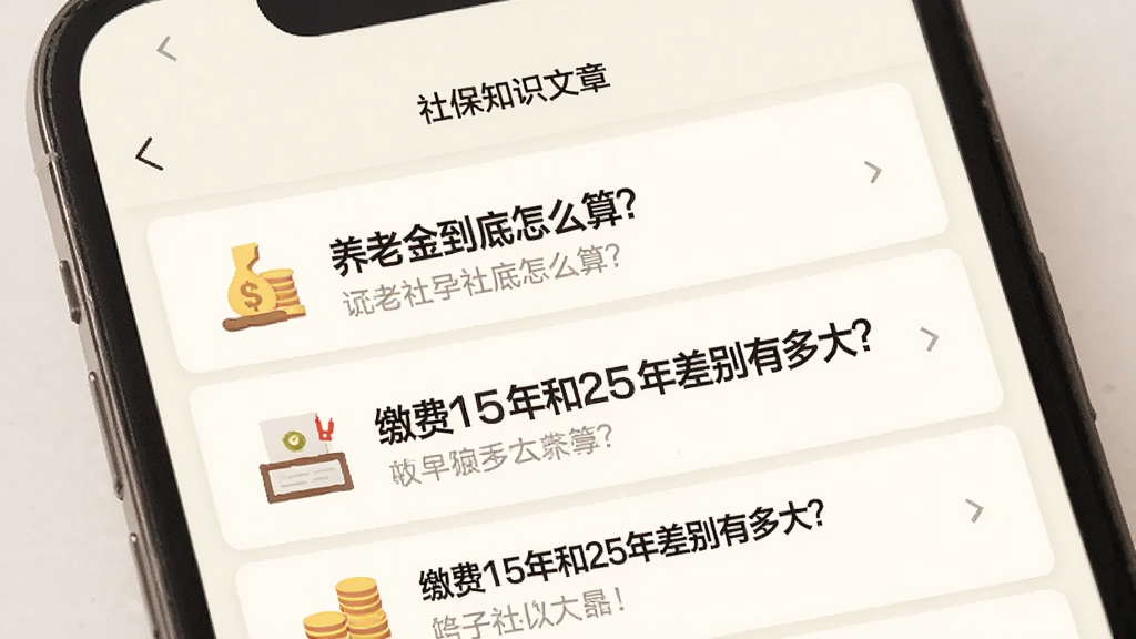 电子社保养老计算的应用内页面,展示“社保知识”文章列表,每篇标题像是“养老金到底怎么算?”、“缴费15年和25年差别有多大?”,配有一些小图标,背景是米白色,排版像一本简洁的电子书。