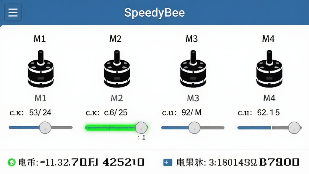 һ��SpeedyBeeӦ���ڵ�����Խ���Ľ�ͼ���������ĸ����ͼ�꣬�ֱ��עΪM1��M2��M3��M4��ÿ������·���ת�ٵ��ڻ��飬����һ�����ת����Ϊ��ɫ����������ײ���ʾ��ص�ѹ�͵������ݣ���������ֱ�ۣ����ʸɾ��޶���Ԫ��