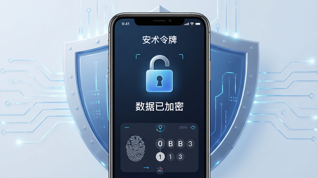 一张展示“安术令牌”加密存储功能的图片,主体是手机屏幕显示加密锁图标和“数据已加密”字样,背景有盾牌和电路纹理,布局居中对称,排版简洁,风格科技感强,细节有指纹和密码输入框,画质高清干净。
