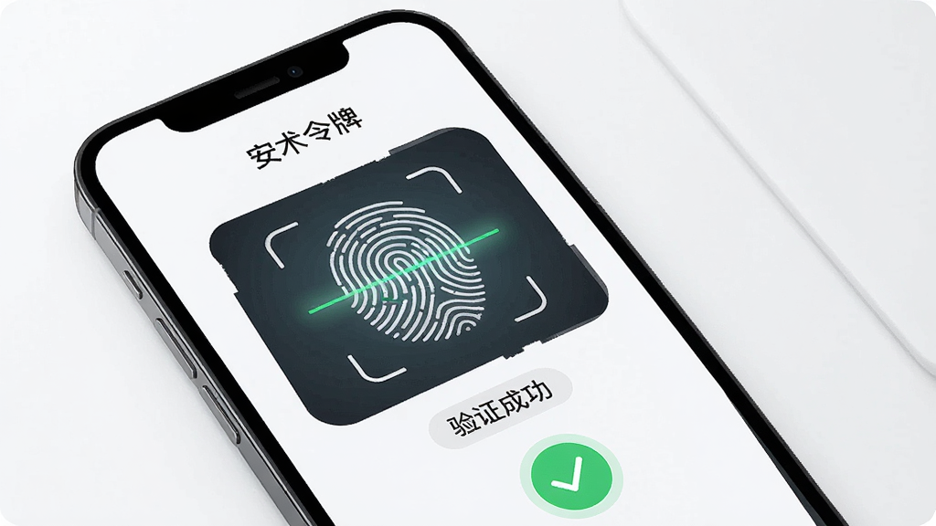 一张展示“安术令牌”生物识别功能的图片,主体是手机屏幕显示指纹扫描动画和“验证成功”提示,布局为全屏展示,排版有引导文字,风格现代简约,细节有指纹图标和绿色对勾,画质干净,无多余元素。