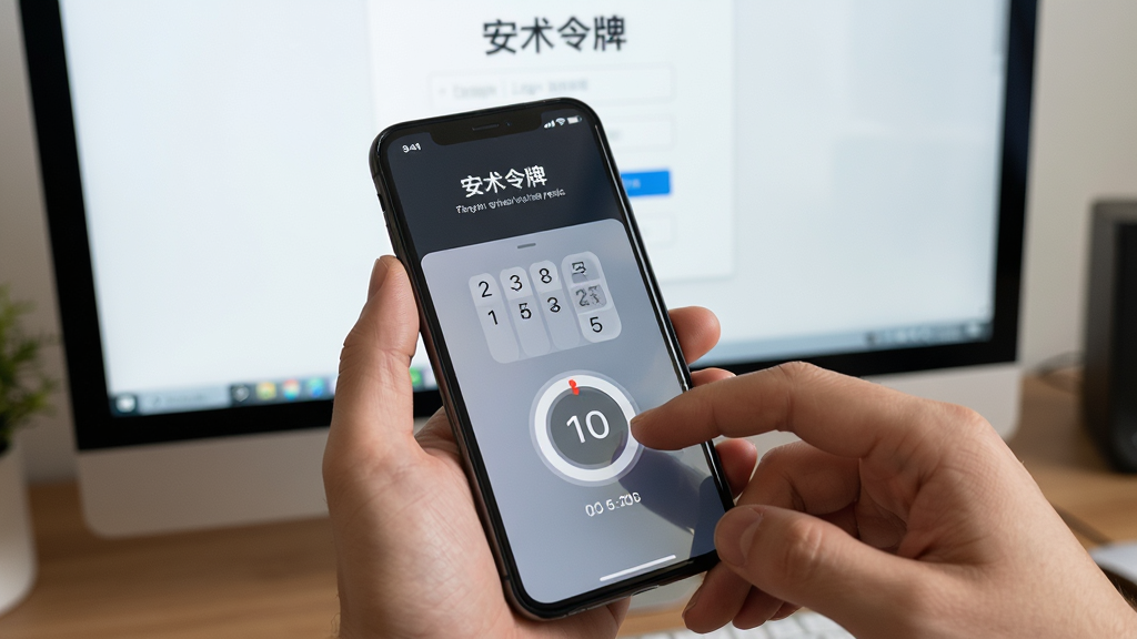 一张展示“安术令牌”使用场景的图片,主体是用户手持手机查看令牌,界面显示六位数字和倒计时圈,背景为电脑屏幕上的登录页面,布局为第一人称视角,排版自然,风格生活化,细节有手指点击和屏幕反光,画质高清干净。