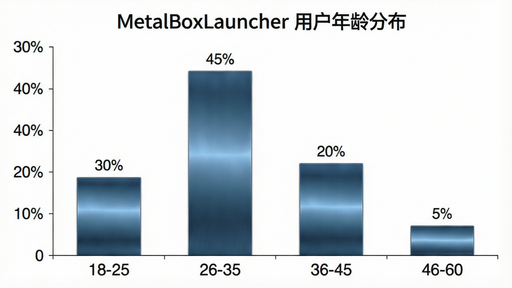 一张柱状图,横轴为年龄段(18-25、26-35、36-45、46-60),纵轴为人数百分比,柱状图用金属质感的蓝色渐变填充,顶部标注数字:30%、45%、20%、5%,标题为