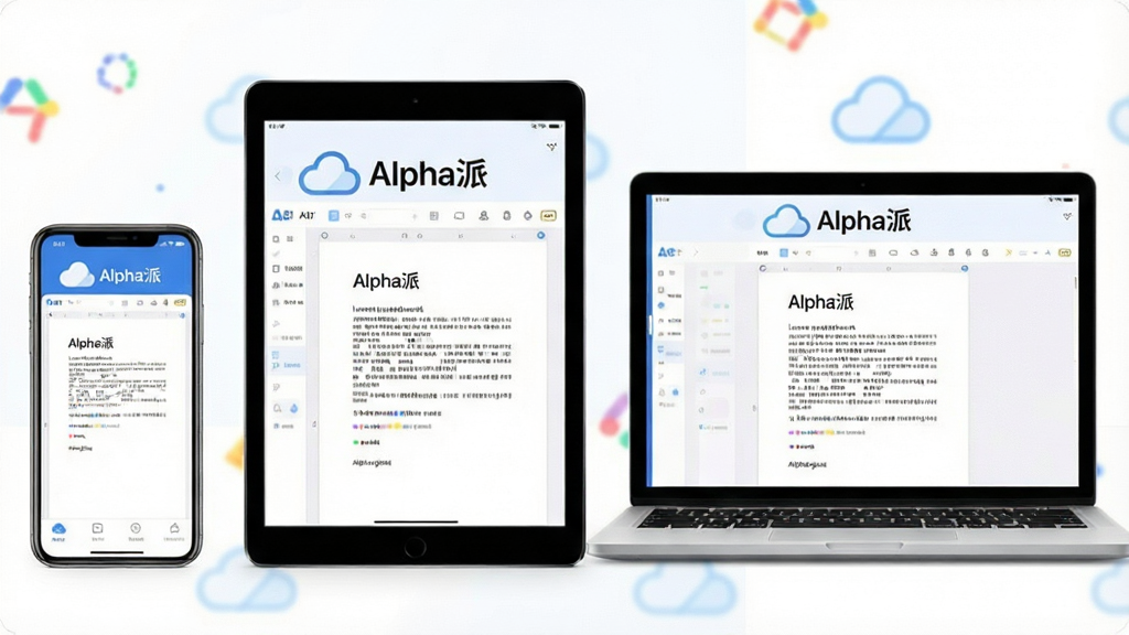 一张展示多设备同步的示意图,主体是“Alpha派”APP的界面,画面左侧是一部手机,中间是一台平板,右侧是一台笔记本电脑,三台设备屏幕上都显示着同一份文档编辑页面,上方有“Alpha派”的Logo和云朵图标,布局清晰,排版规整,风格简洁明快,细节丰富,画质通透干净。